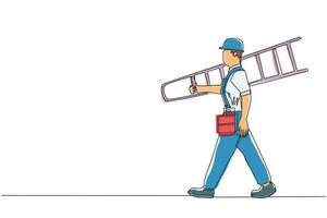 Single one line drawing repairman with ladder. Handyman working on call. Carpenter handle activity on renovation home. Hard laborer job. Painter worker handy man. Continuous line draw design vector