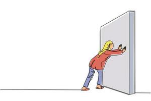 dibujo de una sola línea continua mujer de negocios árabe empujando la pared. carrera exitosa y lluvia de ideas, crecimiento profesional y solución de problemas, idea inteligente, desarrollo profesional. vector de diseño de dibujo de una línea