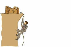 Continuous one line drawing businessman doing rope climbing towards money bag. Climber hanging on rope and pulling himself on top of rocky mountain wall. Single line design vector graphic illustration