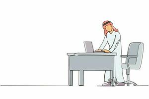 Continuous one line drawing Arabic man employee working at ergonomic workstation. Office furniture with computer, laptop. Male standing on foot rest behind desk. Single line draw design vector graphic