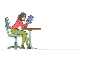 Single continuous line drawing girl student reading book in library or bookshop and sitting on chair at table. People read and study education or pupil learning lesson. One line draw design vector