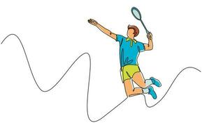 Single continuous line drawing young agile man badminton player jump and smash shuttlecock. Badminton tournament event. Sport exercise healthy concept. One line draw graphic design vector illustration