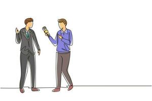 Continuous one line drawing male journalist with microphone making interview with businessman. Professional journalist in conversation, asking for opinion. Single line draw design vector illustration