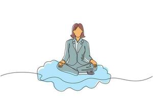 Continuous one line drawing office worker or businesswoman relaxes, meditates in lotus position on clouds. Cheerful woman relaxing with yoga or meditation pose. Single line draw design vector graphic