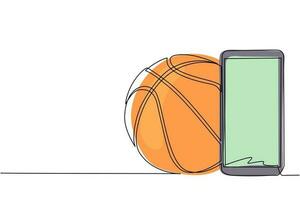 Single continuous line drawing smartphone and basketball ball. Smartphone with app basketball. Mobile sports stream championship to play. Dynamic one line draw graphic design vector illustration