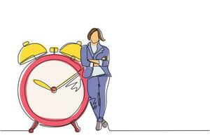 Single one line drawing cute businesswoman, manager or employee stand leaning to big clock. Concept of time management. Time, watch, limited offer, deadline symbol. Continuous line draw design vector