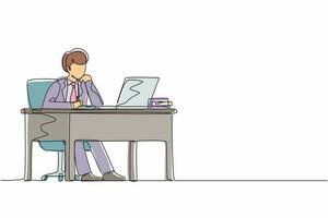 Single continuous line drawing businessman writing sitting in front of laptop at table. Young male studying and writing in notebook, at desk in front of computer. One line draw graphic design vector