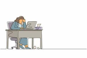 Single continuous line drawing female employee crying while wiping tears using tissue and staring at laptop. Woman working overtime in office. Dynamic one line draw graphic design vector illustration