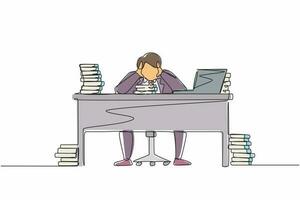 Single one line drawing stressed businessman throwing tantrum in office holding his hands to his head shouting while seated at desk surrounded by files. Continuous line draw design graphic vector