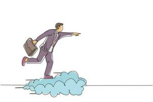 Single one line drawing businessman holding briefcase ride cloud, pointing forward, go to future, business concept. Man on cloud way to success. Continuous line draw design graphic vector illustration