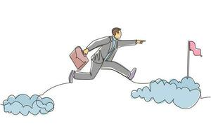 Single continuous line drawing fearless brave businessman make risk by jump over clouds to reach his success target or flag. Challenge of his career. One line draw graphic design vector illustration