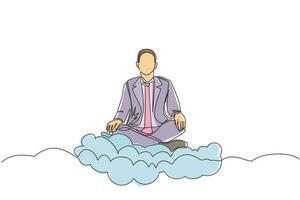 Continuous one line drawing office worker or businessman relaxes and meditates in lotus position on clouds. Cheerful man relaxing with yoga or meditation pose. Single line draw design vector graphic