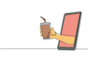 Single continuous line drawing hand holding paper cup with straw through mobile phone. Concept of cafe drink order delivery online food. Application for smartphone. One line draw graphic design vector