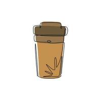 Single continuous line drawing coffee paper cup template with cardboard holder and plastic lid. Disposable takeout cafe package. Takeaway craft pack. One line draw graphic design vector illustration