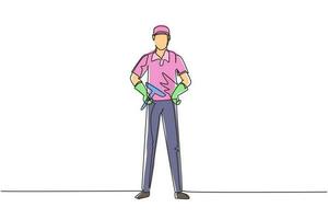 Single one line drawing cleaning service with cool pose. Cleaning worker posing and enjoying working. Smiling male cleaning company staff member. Continuous line draw design vector illustration