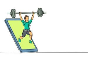 Single one line drawing bodybuilder man doing exercise with heavy weight bar getting out of smartphone screen. Online weight lifting mobile app. Continuous line draw design graphic vector illustration