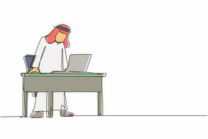 Single continuous line drawing frustrated and furious Arabian businessman shouting and screaming screen laptop on his working desk. Bad workspace emotions. One line graphic design vector illustration