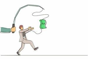 Single continuous line drawing hand with fishing pole and dollar cash control greedy businessman under hypnosis. Man running after dangling dollar and trying to catch it. One line draw design vector