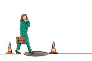 Single one line drawing businesswoman talking on cell phone and she does not see the hole in front. Woman walks to business trap. Metaphor. Modern continuous line design graphic vector illustration