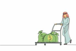 Continuous one line drawing Arabian businessman push cart with money bags. Reward or profit concept. Man employee with salary. Investor carries money to startup. Single line draw design vector graphic