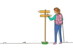 una sola línea continua de dibujo mujer excursionista de pie cerca de la señal de dirección o puntero. chica con mochilas buscando ubicación. se pierde en la naturaleza. ilustración de vector de diseño gráfico de dibujo de una línea