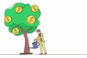 Single one line drawing business investment with money tree illustration. Man watering tree with coins dollar symbols. Business development, profit growth. Continuous line draw design graphic vector