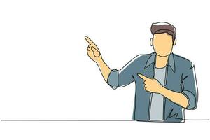 Single one line drawing young man pointing away hands together and showing or presenting something while standing and smiling. Emotion and body language. Continuous line draw design graphic vector