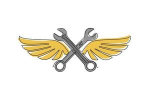 Single continuous line drawing two crossed wrench with wings. Auto mechanic car repair shop icon with wings. Fast car service, vehicle maintenance. One line draw graphic design vector illustration