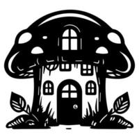 Mushroom hut, cute cartoon, vector icon, coloring page.