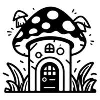 Mushroom hut, cute cartoon, vector icon, coloring page.