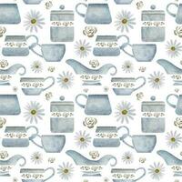 Watercolor hand drawn seamless pattern with porcelain and gold coffee cups, leaves, creamer, jar, daisy. Isolated on white background. Invitations, cafe, restaurant food menu, print, website, cards vector