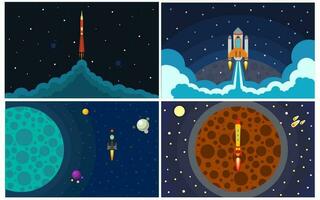 Set of four vector illustration with flying rocket. Space travel.