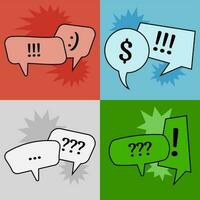 Set of four communication speech bubbles on colorful backgrounds. Vector illustration