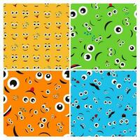 Cartoon faces with emotions. Set of four seamless patterns with different emoticons. Vector illustration