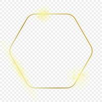 Gold glowing rounded hexagon frame isolated on background. Shiny frame with glowing effects. Vector illustration.