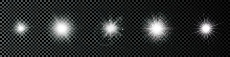 Light effect of lens flares. Set of five white glowing lights starburst effects with sparkles vector