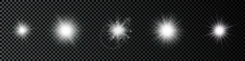 Light effect of lens flares. Set of five white glowing lights starburst effects with sparkles