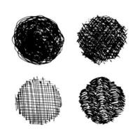 Sketch scribble smear. Set of four black pencil drawings in the shape of a circle on white background. Great design for any purposes. Vector illustration.