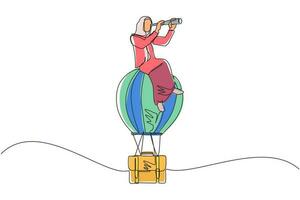 Continuous one line drawing Arab businesswoman sitting and looking through telescope in hot air balloon briefcase. Female in suitcase balloon search to success. Business travel. Single design vector