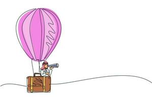 un solo hombre de negocios árabe de dibujo de una línea mirando a través del telescopio en un maletín de globo de aire caliente. hombre en globo de maleta busca el éxito. concepto de viaje de negocios. vector de diseño de dibujo de línea continua