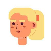 Young adult blonde woman with ponytail semi flat vector character head. Pretty blond girl. Editable cartoon avatar icon. Face emotion. Colorful spot illustration for web graphic design, animation