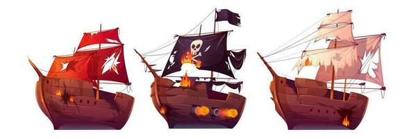 Sea battle of wooden ships and pirate sailboat vector