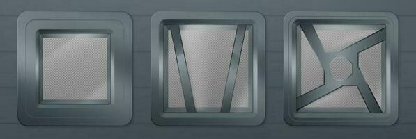 Porthole in spaceship, metal square windows vector