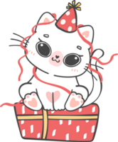 Cute playful happy birthday cat kitten celebrating party cartoon doodle hand drawing png