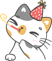 fofa brincalhão feliz aniversário gato gatinho a comemorar festa desenho animado rabisco mão desenhando png