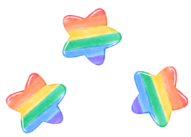 group of three cute pride rainbow star shape kawaii cartoon hand drawn watercolor png