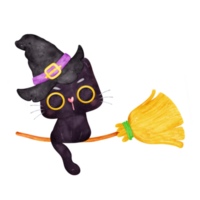 Cute Halloween witch black cat kitten on claudron cartoon animal character watercolour hand drawing png