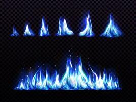 Realistic blue fire set for animation, torch flame vector