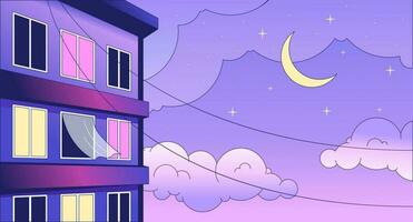 Windows apartment building night lo fi chill wallpaper. Moonlight night sky residential 2D vector cartoon landscape illustration, vaporwave background. 80s retro album art, synthwave aesthetics