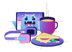 Cozy composition in bed conceptual hero image. Cup of tea, tablet device and sandwich 2D cartoon scene on white background. Bedtime stories isolated concept illustration. Vector art for web design ui